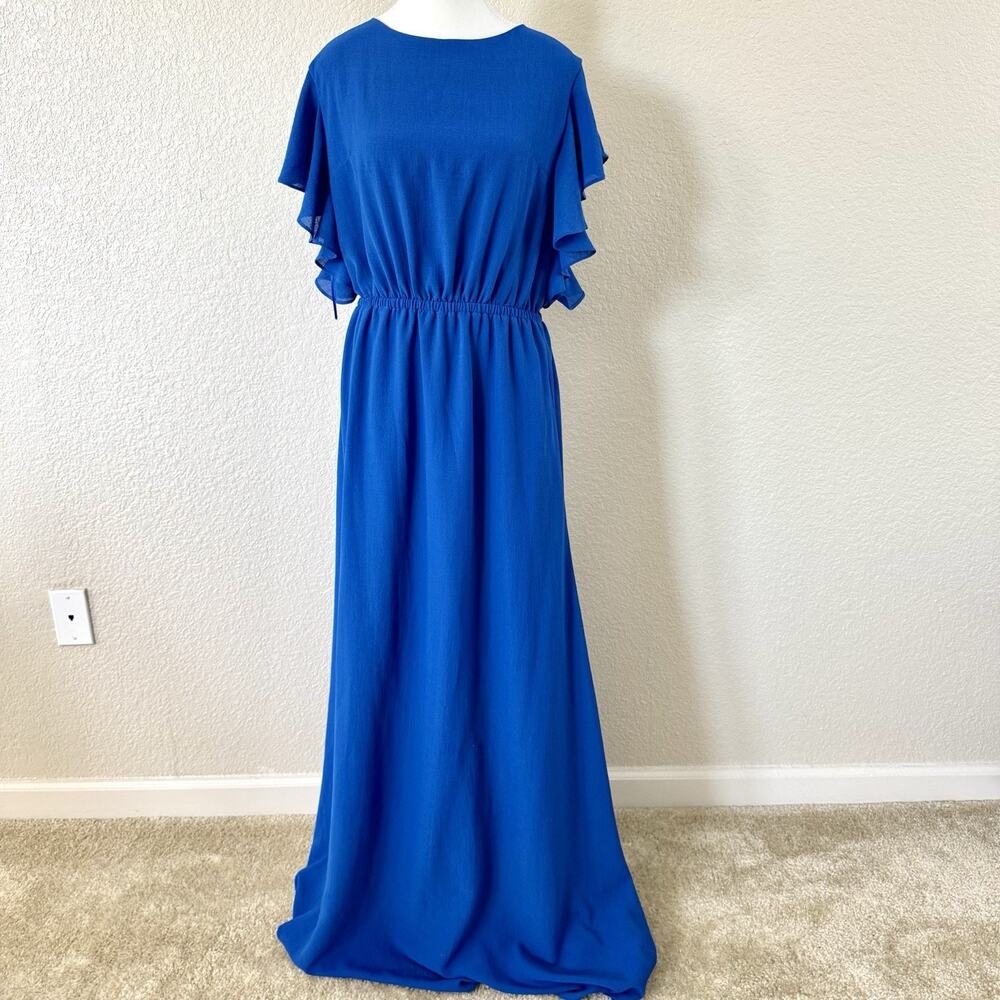 Halston Size 12 Cobalt Blue Maxi Dress Flutter Sleeve Open Back Formal Gown
